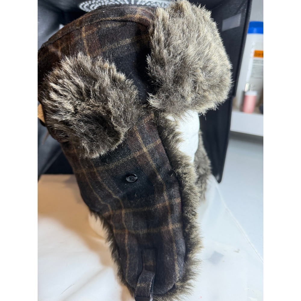 Woodlands by Isotoner Mens Brown Plaid Trapper Hat Faux Fur Ear Flaps NWT